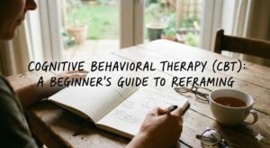 A realistic photo of a person writing in a journal on a wooden table, with the text overlay "Cognitive Behavioral Therapy (CBT): A beginner&rsquo;s guide to reframing".