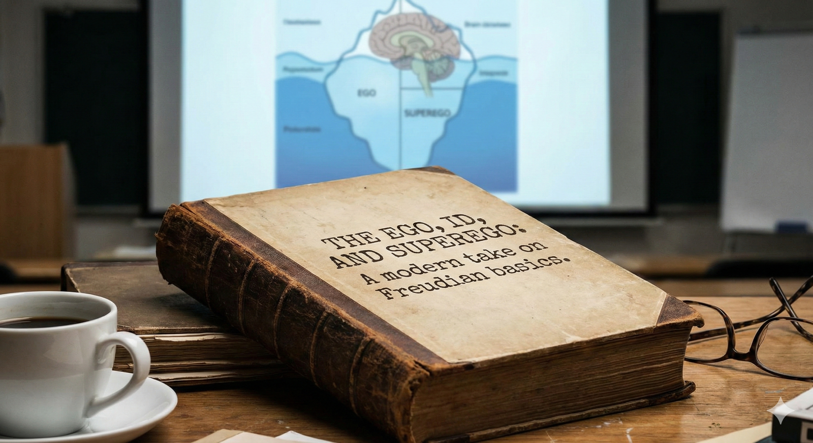 A vintage psychology textbook titled "The Ego, Id, and Superego" resting on a wooden desk, with a blurred diagram of Freud's iceberg model projected in the background.