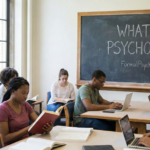 Diverse students studying books and using laptops in a classroom with the text 'What is Psychology?' and 'FormalPsychology.com' written on a chalkboard.