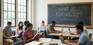 Diverse students studying books and using laptops in a classroom with the text 'What is Psychology?' and 'FormalPsychology.com' written on a chalkboard.