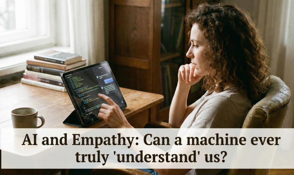 A woman sitting at a wooden desk looking contemplatively at a tablet screen. The image features a text overlay that reads: "AI and Empathy: Can a machine ever truly 'understand' us?"