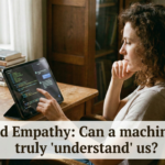 A woman sitting at a wooden desk looking contemplatively at a tablet screen. The image features a text overlay that reads: "AI and Empathy: Can a machine ever truly 'understand' us?"