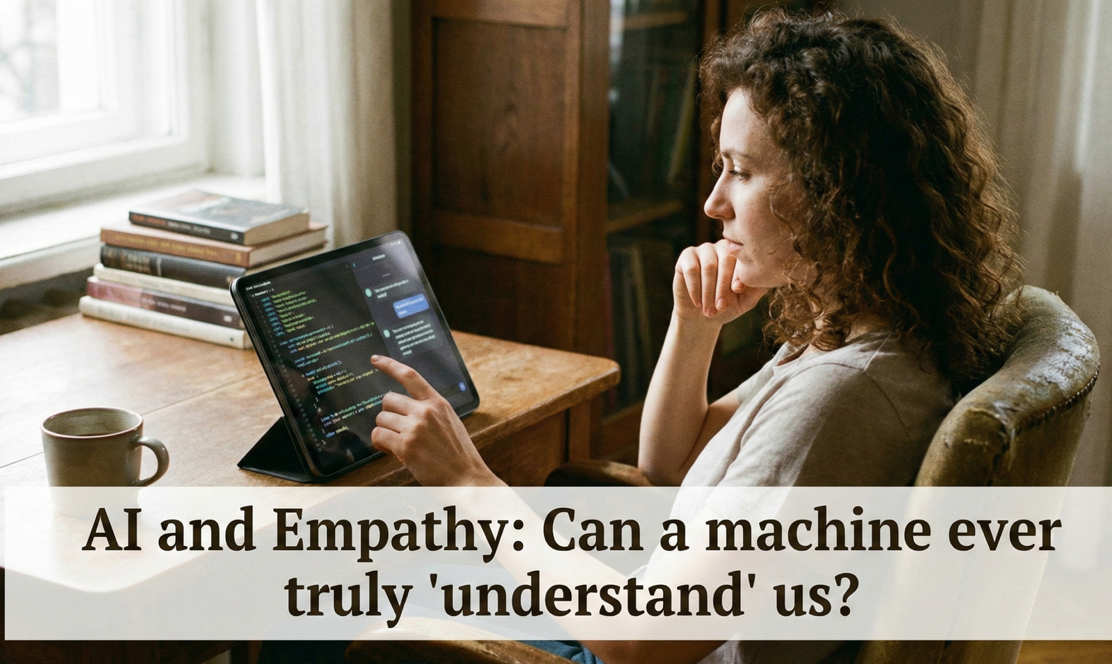 A woman sitting at a wooden desk looking contemplatively at a tablet screen. The image features a text overlay that reads: "AI and Empathy: Can a machine ever truly 'understand' us?"