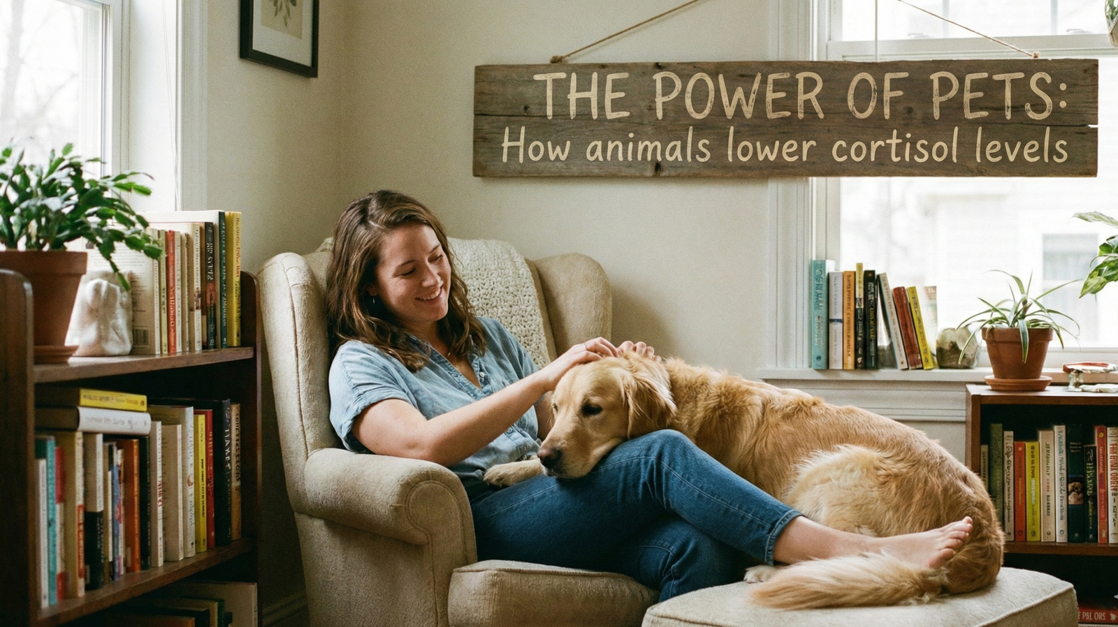A candid photo of a smiling woman in an armchair petting a golden retriever on her lap, with a rustic wooden sign on the wall behind them that reads "THE POWER OF PETS: How animals lower cortisol levels." The room is cozy and filled with books and plants.