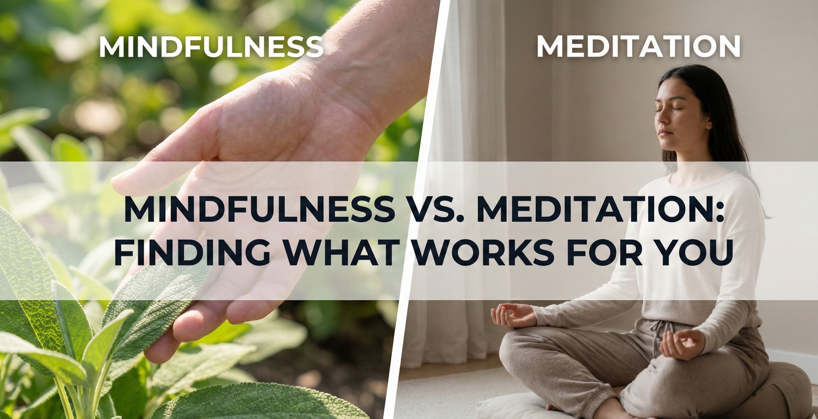 A split-screen photograph. The left side, labeled "MINDFULNESS," shows a close-up of a hand gently touching a green leaf outdoors. The right side, labeled "MEDITATION," shows a woman sitting cross-legged on a cushion with eyes closed indoors. A central banner across the image reads "MINDFULNESS VS. MEDITATION: FINDING WHAT WORKS FOR YOU."