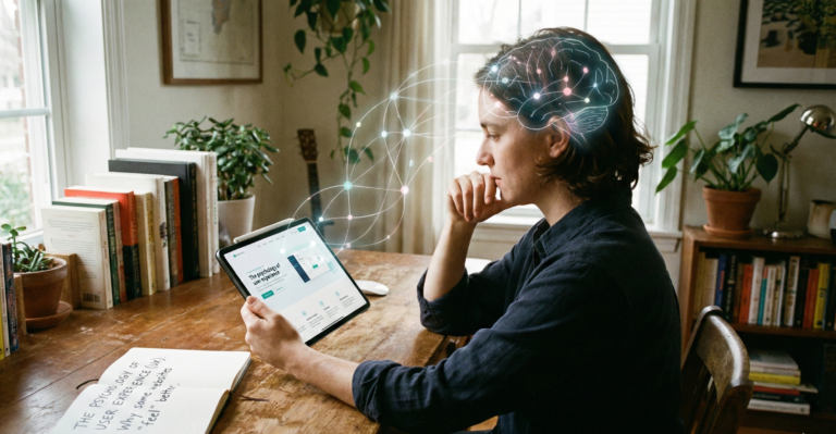 A candid photo of a person looking at a tablet, with a glowing, conceptual neural network connecting their brain to the device. An open notebook on the desk reads "THE PSYCHOLOGY OF USER EXPERIENCE (UX): Why some websites 'feel' better."