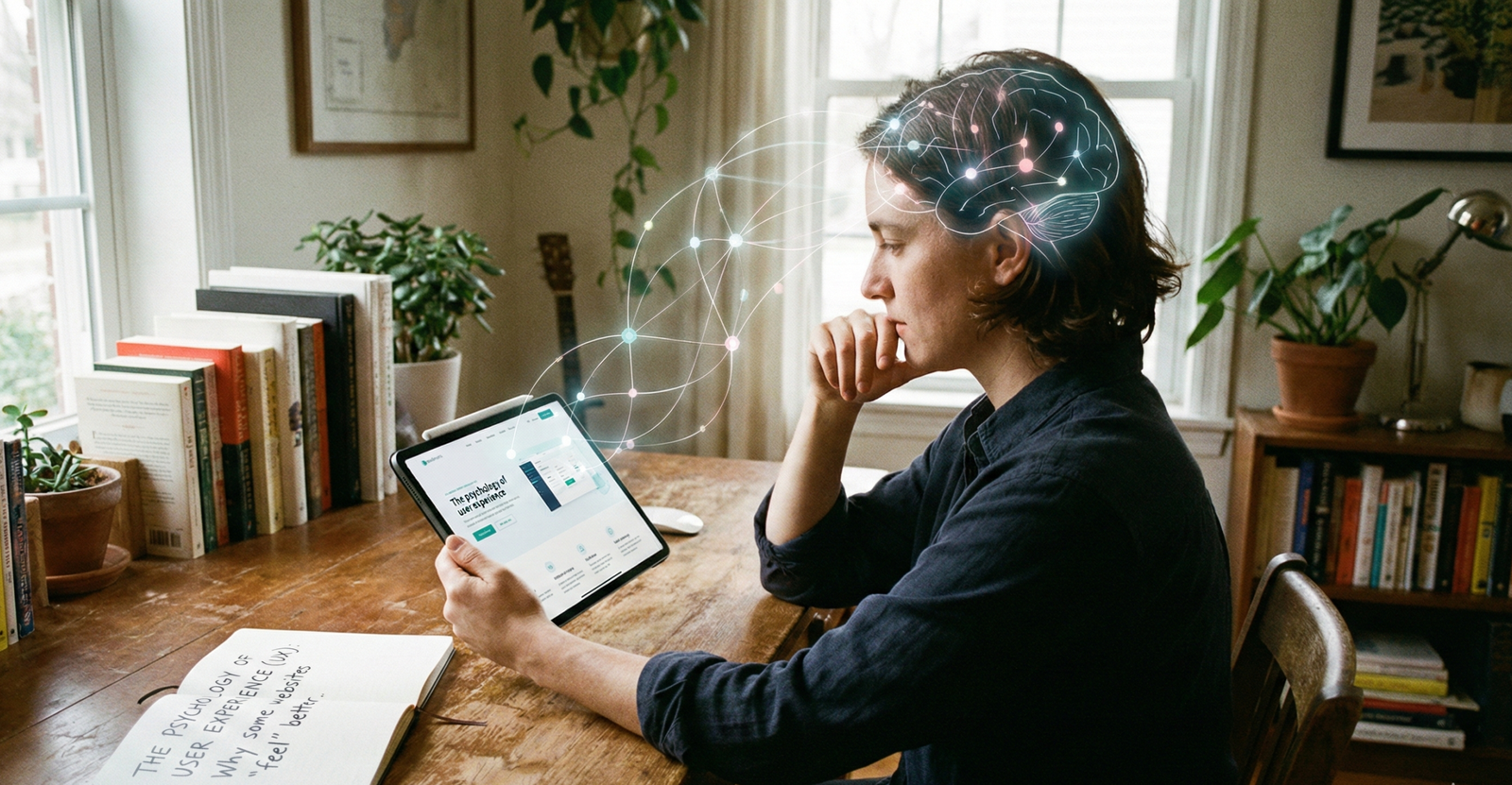 A candid photo of a person looking at a tablet, with a glowing, conceptual neural network connecting their brain to the device. An open notebook on the desk reads "THE PSYCHOLOGY OF USER EXPERIENCE (UX): Why some websites 'feel' better."