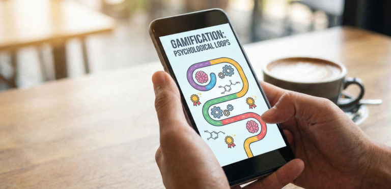 Gamification Psychology: How Apps Use Psychological Loops to Keep You Hooked 5 A close-up photograph of hands holding a smartphone in a cafe setting. The phone screen displays a graphic diagram titled "GAMIFICATION: PSYCHOLOGICAL LOOPS," illustrating a winding path connecting icons of human brains, mechanical gears, chemical structures representing dopamine, and reward badges.