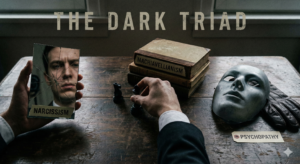 A cinematic concept illustration for The Dark Triad personality traits, featuring symbols of a mirror for Narcissism, chess pieces for Machiavellianism, and a mask for Psychopathy, with the text "THE DARK TRIAD" overlaid in a professional font.