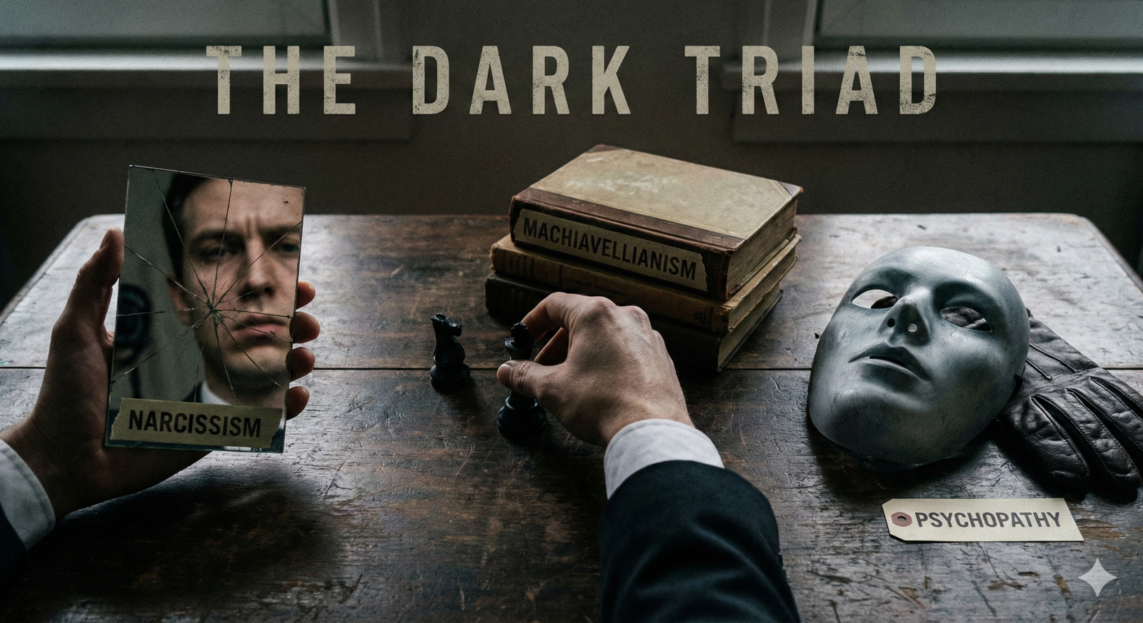 A cinematic concept illustration for The Dark Triad personality traits, featuring symbols of a mirror for Narcissism, chess pieces for Machiavellianism, and a mask for Psychopathy, with the text "THE DARK TRIAD" overlaid in a professional font.