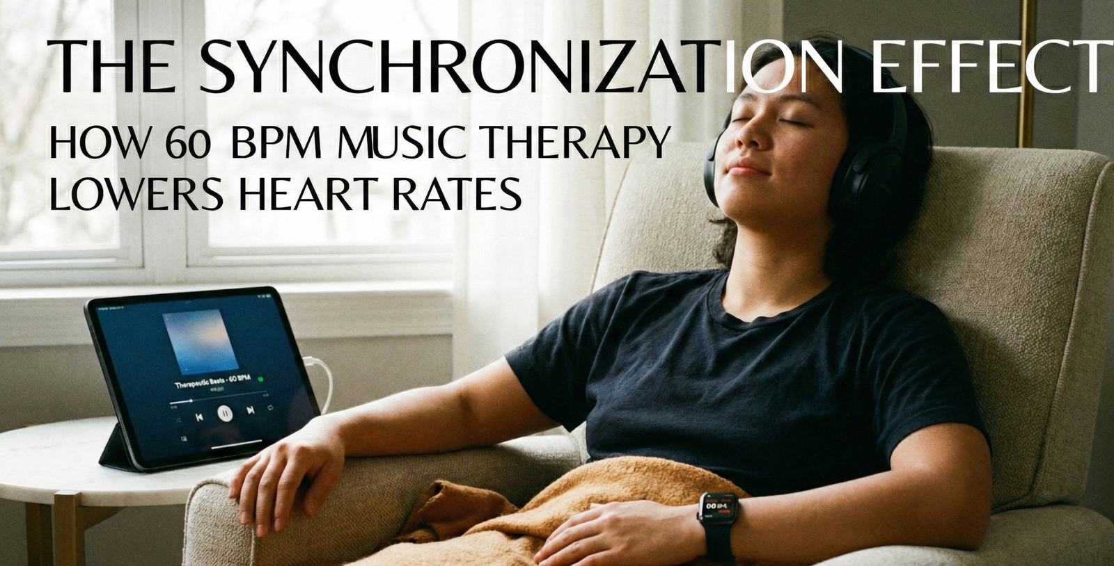 A person wearing headphones in a relaxed posture, listening to 60 BPM music therapy tracks on a tablet, while a smartwatch on their wrist displays a lowered resting heart rate.