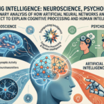 An infographic titled 'Triangulating Intelligence' featuring a central human head with a glowing brain connected to three fields: Neuroscience depicting biological brain structures on the left, Psychology illustrating cognitive processes on the top right, and Artificial Intelligence showing a robotic arm and neural networks on the bottom right.