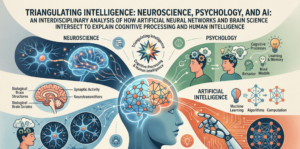 An infographic titled 'Triangulating Intelligence' featuring a central human head with a glowing brain connected to three fields: Neuroscience depicting biological brain structures on the left, Psychology illustrating cognitive processes on the top right, and Artificial Intelligence showing a robotic arm and neural networks on the bottom right.