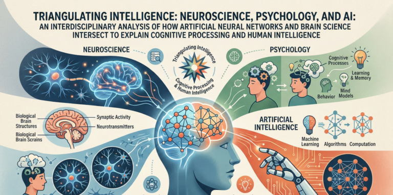 An infographic titled 'Triangulating Intelligence' featuring a central human head with a glowing brain connected to three fields: Neuroscience depicting biological brain structures on the left, Psychology illustrating cognitive processes on the top right, and Artificial Intelligence showing a robotic arm and neural networks on the bottom right.