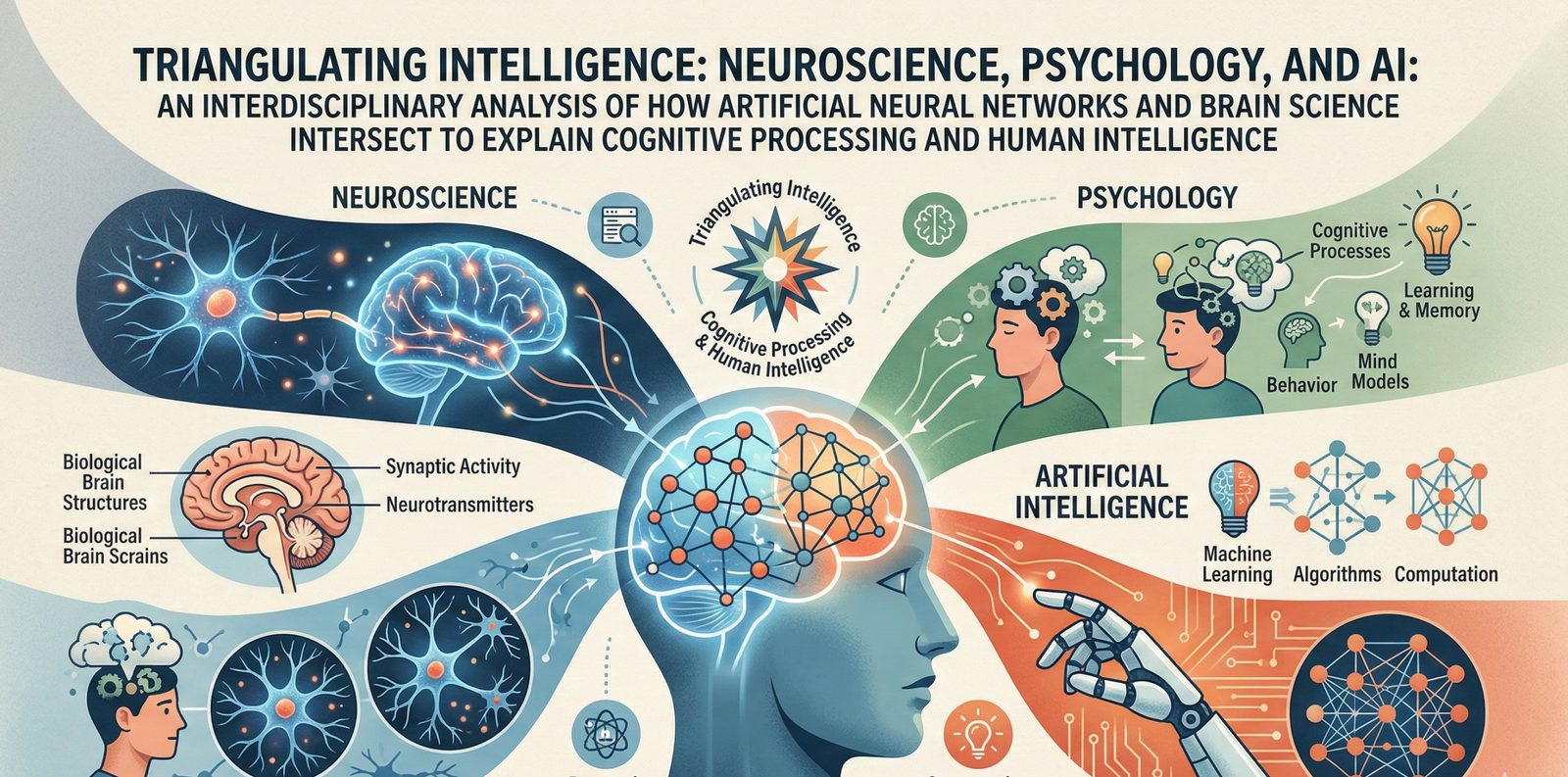 An infographic titled 'Triangulating Intelligence' featuring a central human head with a glowing brain connected to three fields: Neuroscience depicting biological brain structures on the left, Psychology illustrating cognitive processes on the top right, and Artificial Intelligence showing a robotic arm and neural networks on the bottom right.