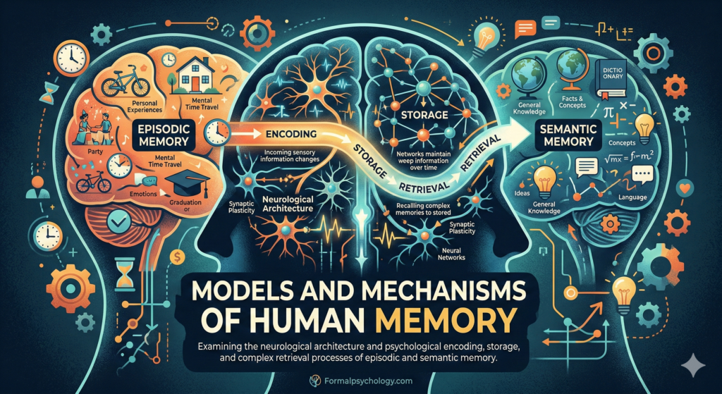 Infographic showing the models and mechanisms of human memory, comparing episodic memory (personal experiences) on the left with semantic memory (facts and concepts) on the right, connected by the neurological processes of encoding, storage, and retrieval.