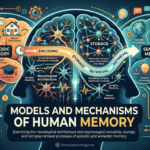 Infographic showing the models and mechanisms of human memory, comparing episodic memory (personal experiences) on the left with semantic memory (facts and concepts) on the right, connected by the neurological processes of encoding, storage, and retrieval.