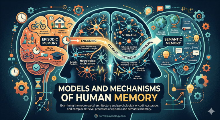 Infographic showing the models and mechanisms of human memory, comparing episodic memory (personal experiences) on the left with semantic memory (facts and concepts) on the right, connected by the neurological processes of encoding, storage, and retrieval.