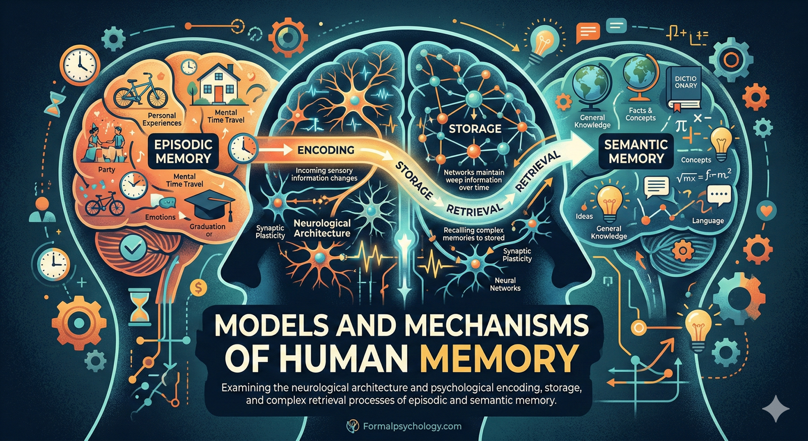 Infographic showing the models and mechanisms of human memory, comparing episodic memory (personal experiences) on the left with semantic memory (facts and concepts) on the right, connected by the neurological processes of encoding, storage, and retrieval.