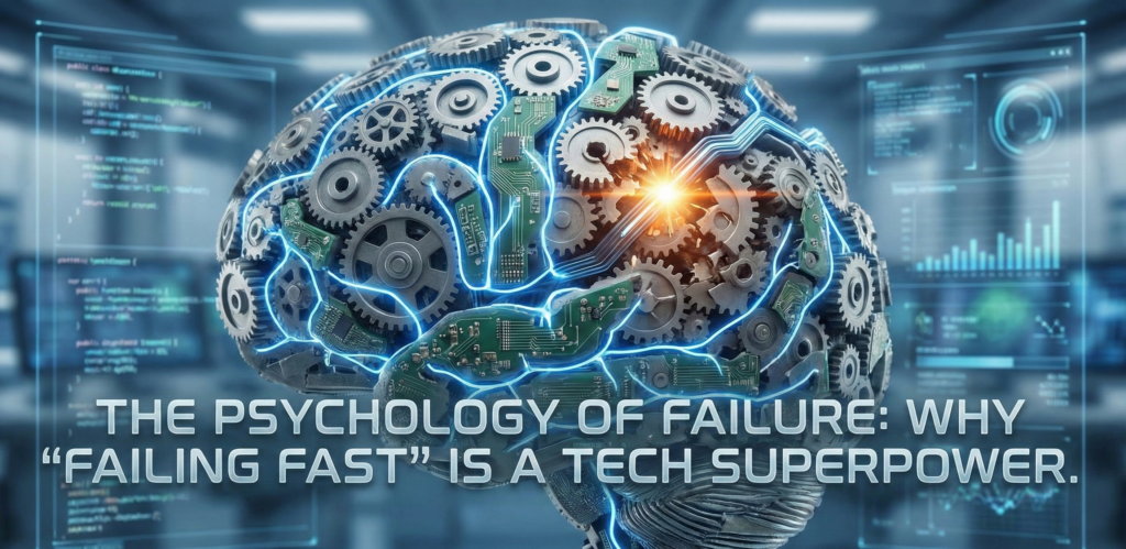 A futuristic illustration of a human brain merging with mechanical gears and circuit boards, featuring the text "The Psychology of Failure: Why 'Failing Fast' is a Tech Superpower" in the center.