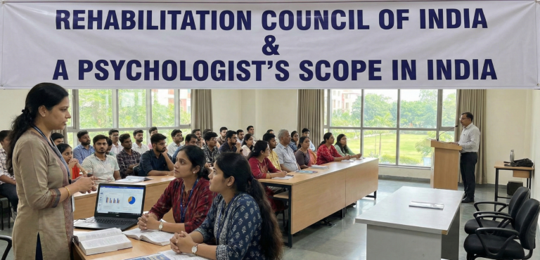A wide-angle photograph of an academic seminar room filled with attendees listening to a speaker at a podium. A large white banner hangs in the background with blue text reading "REHABILITATION COUNCIL OF INDIA & A PSYCHOLOGIST'S SCOPE IN INDIA".