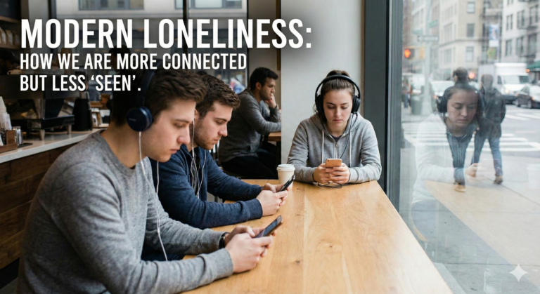 "Realistic photo of young adults sitting together in a coffee shop, ignoring each other to look at smartphones and wear headphones, illustrating digital isolation. Text overlay reads: 'MODERN LONELINESS: HOW WE ARE MORE CONNECTED BUT LESS ‘SEEN’.'"