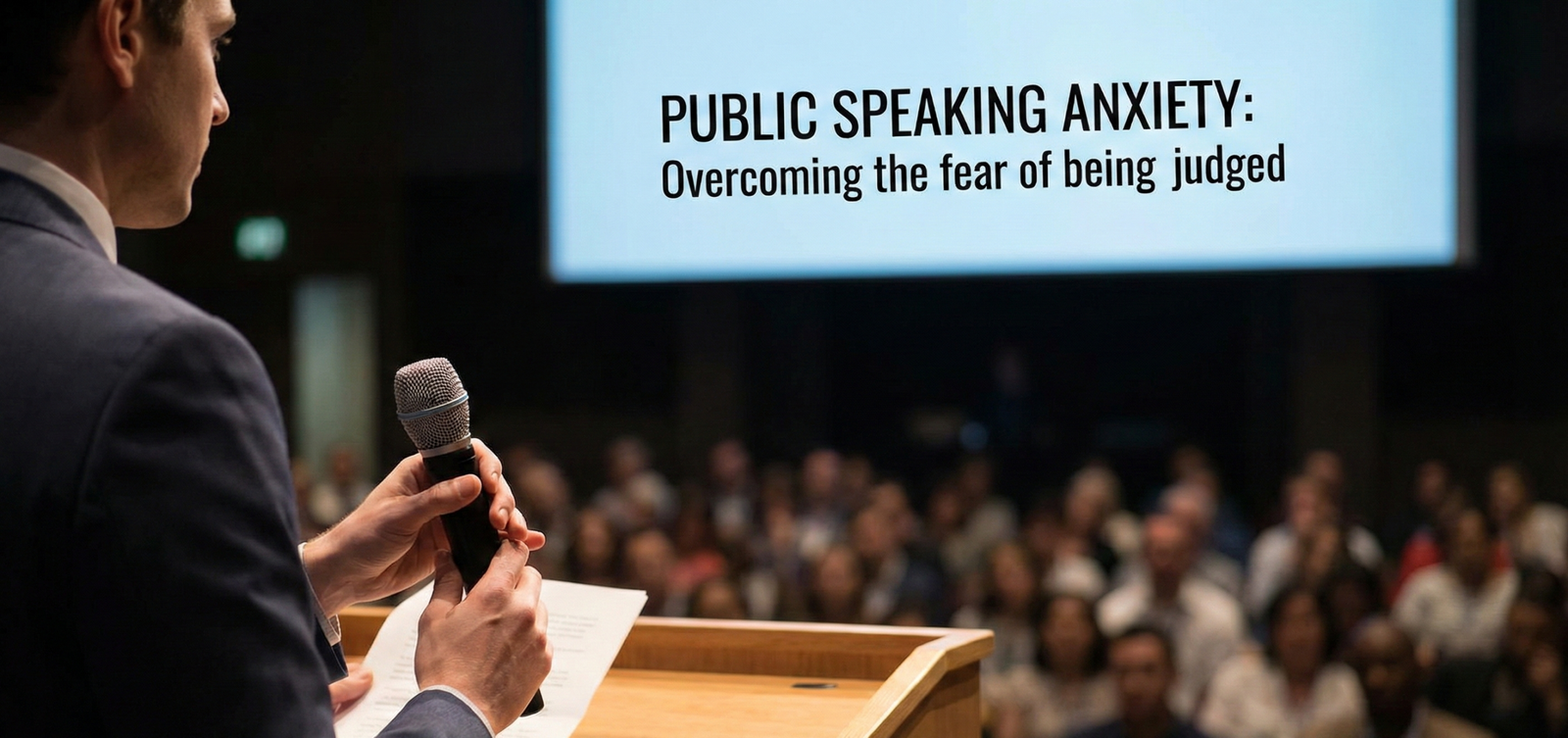 A speaker standing at a wooden podium holding a microphone, facing a blurred audience in a dimly lit hall, with the text overlay "Public Speaking Anxiety: Overcoming the fear of being judged."