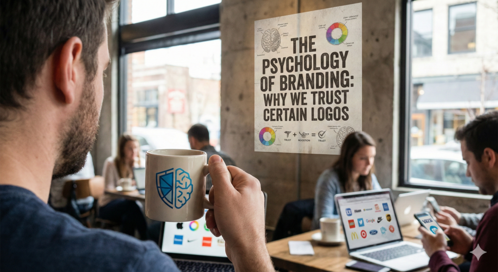 A realistic coffee shop scene featuring a customer holding a mug with a brain-shaped logo, with a poster in the background reading "The Psychology of Branding: Why We Trust Certain Logos."