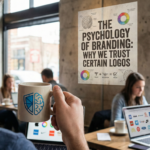 A realistic coffee shop scene featuring a customer holding a mug with a brain-shaped logo, with a poster in the background reading "The Psychology of Branding: Why We Trust Certain Logos."