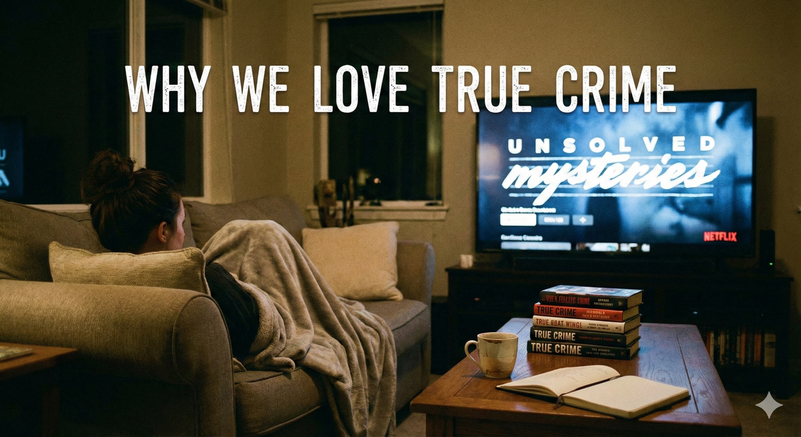 A woman curled on a sofa under a blanket at night, watching the 'Unsolved Mysteries' documentary series on a television screen. In the foreground, a stack of books labeled "TRUE CRIME" rests on a wooden coffee table next to a mug and an open journal. The text overlay reads "WHY WE LOVE TRUE CRIME."