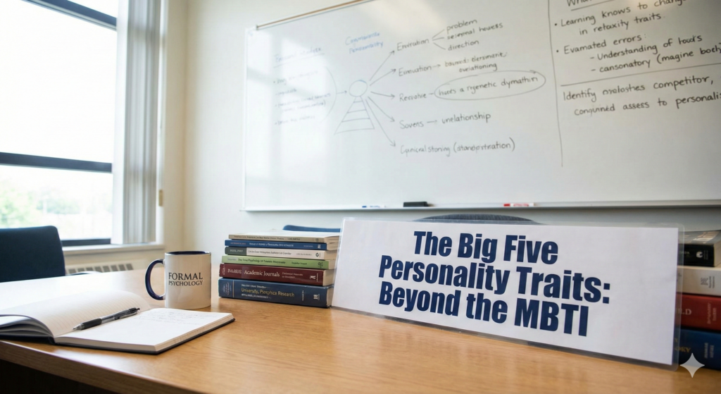A professional psychology workspace featuring a sign reading "The Big Five Personality Traits: Beyond the MBTI." The scene includes a wooden desk with a stack of academic journals, an open notebook, a coffee mug with the "Formal Psychology" logo, and a whiteboard in the background displaying personality trait diagrams.