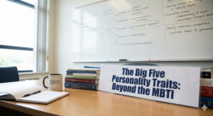 A professional psychology workspace featuring a sign reading "The Big Five Personality Traits: Beyond the MBTI." The scene includes a wooden desk with a stack of academic journals, an open notebook, a coffee mug with the "Formal Psychology" logo, and a whiteboard in the background displaying personality trait diagrams.