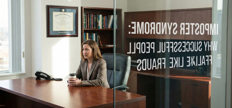 A professional woman in business attire sitting at a large office desk looking anxious and contemplative, with the text "Imposter Syndrome: Why Successful People Feel Like Frauds" visible on the glass partition in the foreground.