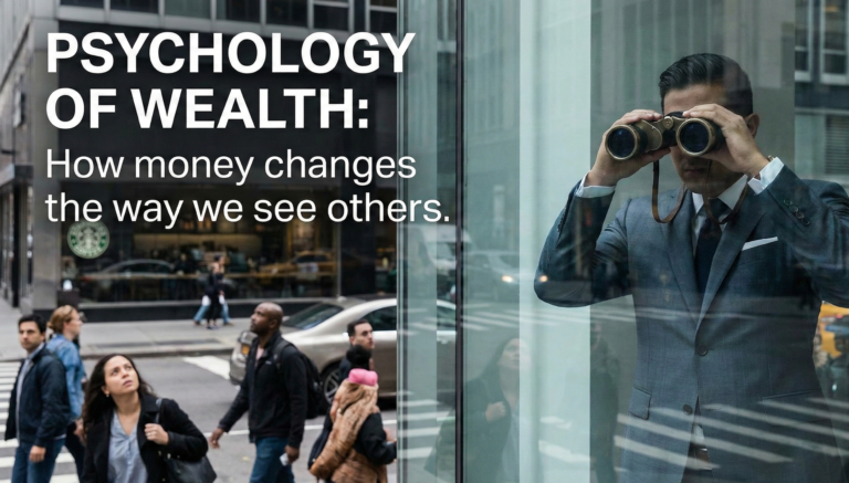 A man in a business suit looking through binoculars at a crowd of people, symbolizing the psychology of wealth and how money changes social perception.
