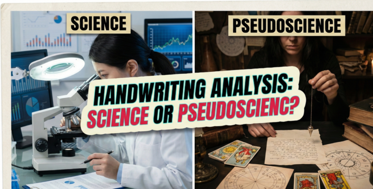 A split-panel photograph illustrating the contrast between scientific research and pseudoscience in the context of handwriting analysis. The left panel, labeled "SCIENCE," shows a researcher in a lab coat using a microscope and analyzing data charts. The right panel, labeled "PSEUDOSCIENCE," shows a person holding a pendulum over a handwritten document, surrounded by tarot cards and astrological charts. A large central text banner asks: "HANDWRITING ANALYSIS: SCIENCE OR PSEUDOSCIENCE?".