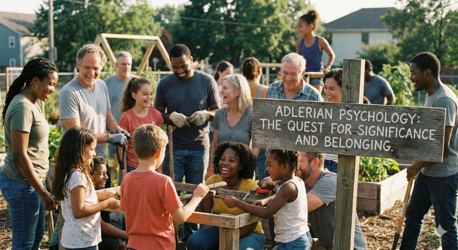 A photo of a diverse group of adults and children smiling and working together to build a wooden garden bed in a sunlit community garden. A prominent rustic wooden sign in the foreground reads "ADLERIAN PSYCHOLOGY: THE QUEST FOR SIGNIFICANCE AND BELONGING."