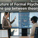 A professional psychologist analyzing brainwave data on a digital screen while a patient uses a Virtual Reality headset for therapy, illustrating the bridge between psychological theory and technology.