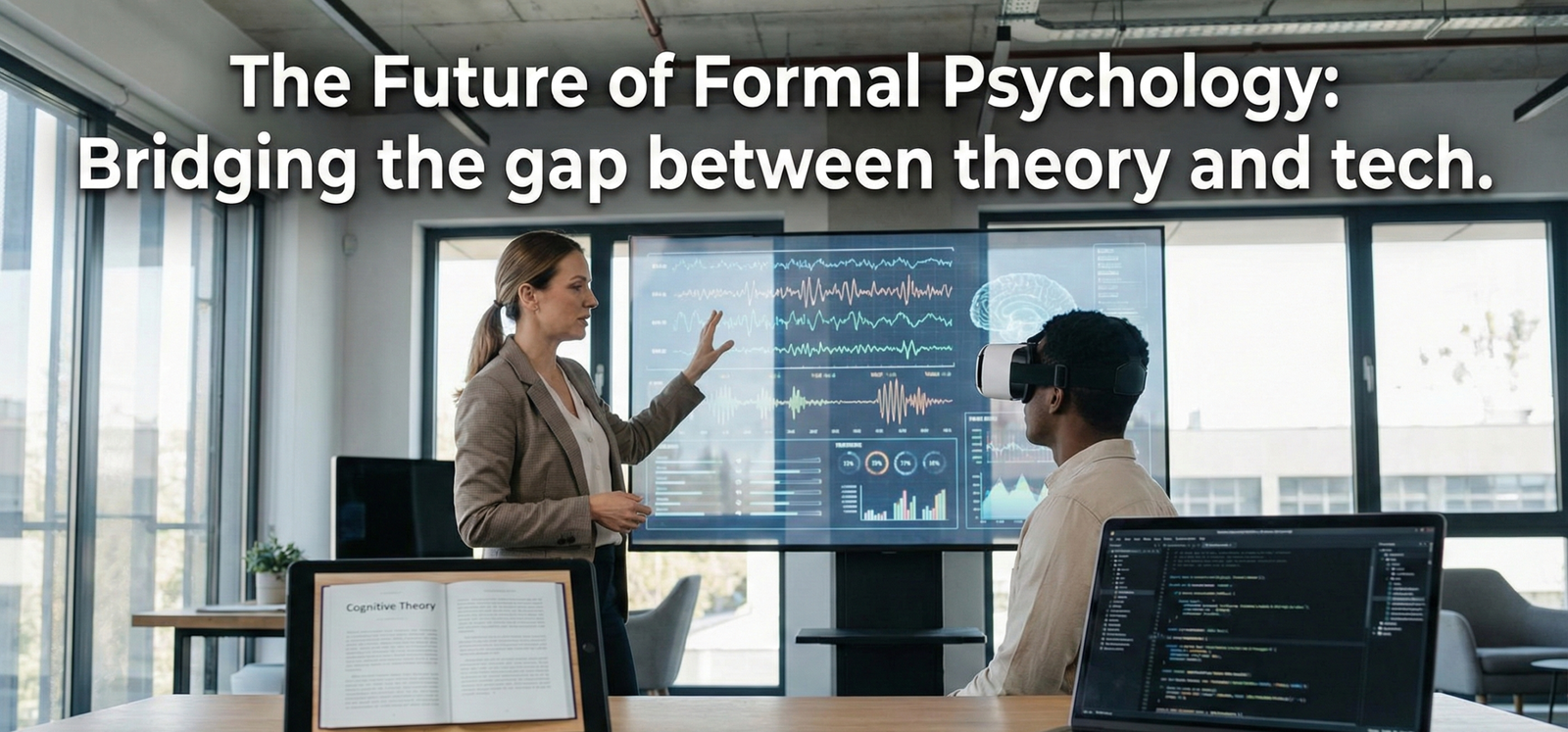 A professional psychologist analyzing brainwave data on a digital screen while a patient uses a Virtual Reality headset for therapy, illustrating the bridge between psychological theory and technology.