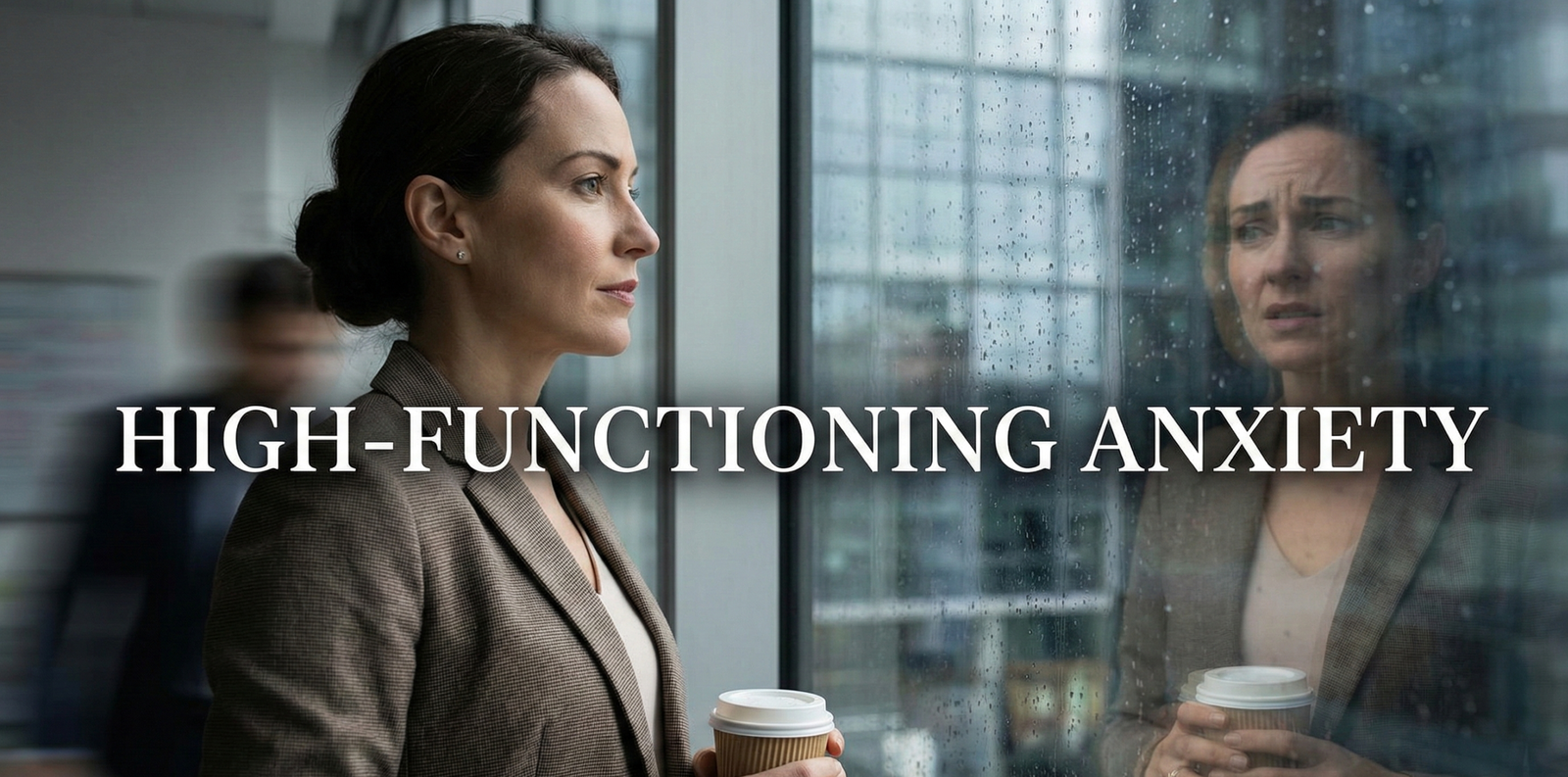 A woman in a brown blazer holds a coffee cup and looks out a rain-streaked office window. Her reflection in the glass shows a worried, distressed expression. The text "HIGH-FUNCTIONING ANXIETY" is superimposed across the center of the image in white capital letters.