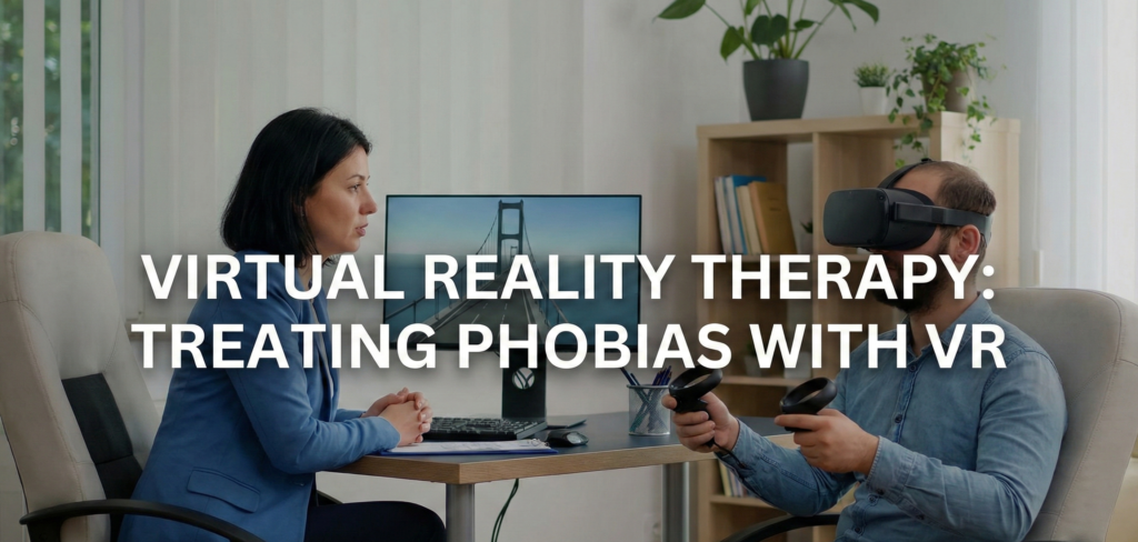 A patient wearing a black VR headset sits in a therapist's office, gesturing with their hands. Beside them, a female clinical psychologist watches a computer monitor showing a simulated view from a tall skyscraper balcony.