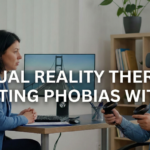 A patient wearing a black VR headset sits in a therapist's office, gesturing with their hands. Beside them, a female clinical psychologist watches a computer monitor showing a simulated view from a tall skyscraper balcony.