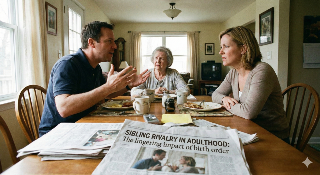 Two adult siblings arguing heatedly at a dining table while their elderly mother sits between them looking concerned; a newspaper in the foreground displays the headline "Sibling Rivalry in Adulthood: The lingering impact of birth order.
