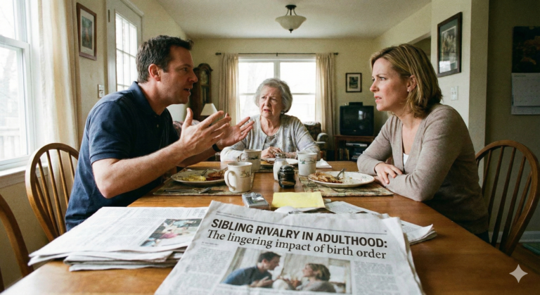 Two adult siblings arguing heatedly at a dining table while their elderly mother sits between them looking concerned; a newspaper in the foreground displays the headline "Sibling Rivalry in Adulthood: The lingering impact of birth order.