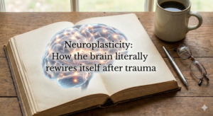 An open, old-fashioned book on a wooden table displays an illustration of a glowing human brain. Overlaid on the illustration and page is the text: "Neuroplasticity: How the brain literally rewires itself after trauma". To the right are a pen, reading glasses, and a mug of coffee.