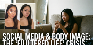 A documentary-style photograph of a young woman sitting on a couch, looking at her smartphone with a distressed expression. An inset overlay shows a side-by-side comparison of a heavily filtered glamorous selfie versus a natural, unedited photo of the same woman. Large white text across the bottom reads "SOCIAL MEDIA & BODY IMAGE: THE 'FILTERED LIFE' CRISIS".