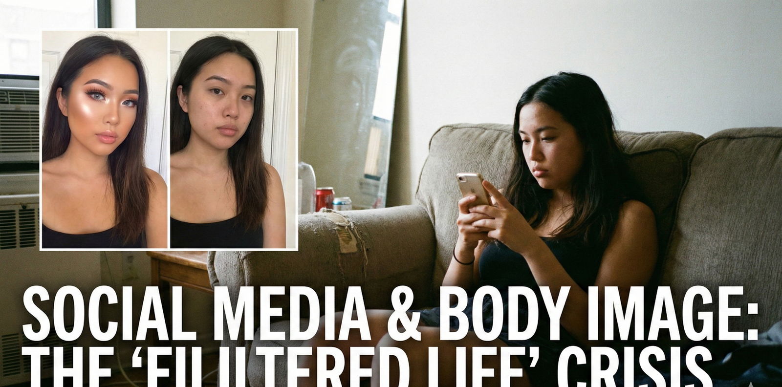 A documentary-style photograph of a young woman sitting on a couch, looking at her smartphone with a distressed expression. An inset overlay shows a side-by-side comparison of a heavily filtered glamorous selfie versus a natural, unedited photo of the same woman. Large white text across the bottom reads "SOCIAL MEDIA & BODY IMAGE: THE 'FILTERED LIFE' CRISIS".