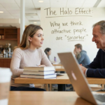 "Realistic photo of a young woman and an older man having a discussion in a cafe, with text on the window glass reading: The Halo Effect: Why we think attractive people are smarter."