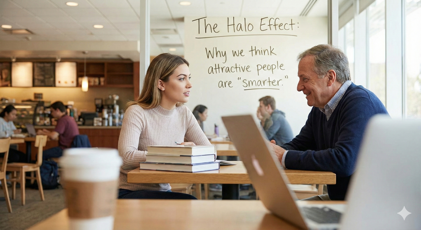 "Realistic photo of a young woman and an older man having a discussion in a cafe, with text on the window glass reading: The Halo Effect: Why we think attractive people are smarter."