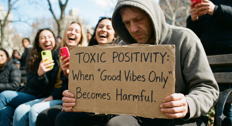 A realistic street-style photograph featuring a somber man holding a cardboard sign that reads "Toxic Positivity: When 'Good Vibes Only' Becomes Harmful." He is seated on a bench, contrasting sharply with a group of people in the background who are laughing excessively and taking selfies, illustrating the concept of emotional invalidation.