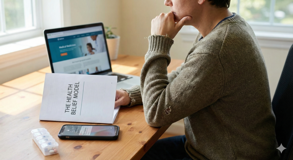 A person in a sweater at a wooden desk, looking thoughtfully at a laptop. On the desk are an open booklet titled "THE HEALTH BELIEF MODEL," a smartphone with a notification, and a weekly pill organizer.